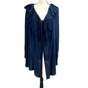 ELIE TAHARI FOR NORDSTROM NAVY OPEN RUFFLE NECK COTTON & CASHMERE CARDIGAN